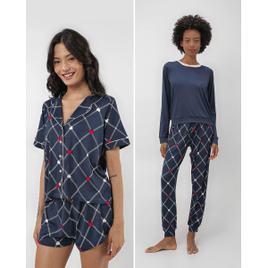 Imagem da oferta Kit Pijama Feminino 4 Peças Poá e Corações Azul