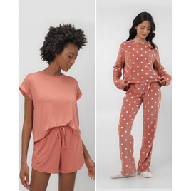Imagem da oferta Kit Pijama Feminino 4 Peças Liso e Poá Rosa