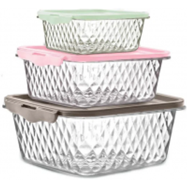 Conjunto de Potes Plasvale Cristal em Plástico com Tampa Colorida com 3 Peças