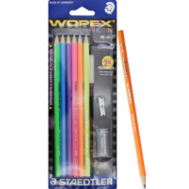 Imagem da oferta Kit Staedler Wopex Neon c/ 6 Lápis Preto Sextavados HB2 + Borracha + Apontador