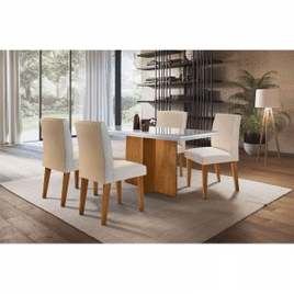 Imagem da oferta Conjunto de Mesa de Jantar Berlim II com Tampo de Vidro OFF White e 4 Cadeiras Grécia Veludo Creme