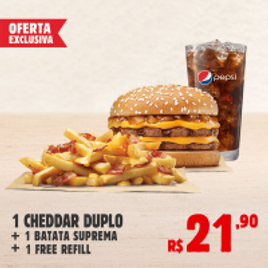 Imagem da oferta Burger King 1 Cheddar Duplo + Batata Suprema Individual + Free Refill