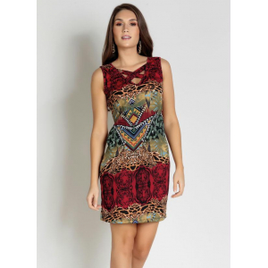 Vestido Mix Estampa Bordô com Faixa no Decote - Moda Pop