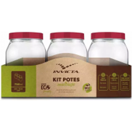 Conjunto de Potes Para Mantimentos Invicta Liso Vermelho 750ml com 3 Peças