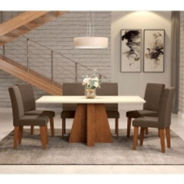 Imagem da oferta Conjunto de Mesa de Jantar com 6 Cadeiras Estofadas Amanda Suede Off White e Chocolate