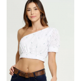 Imagem da oferta Blusa Feminina Cropped Bordado Floral Ombro Só Branco