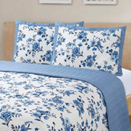Imagem da oferta Colcha Boutis Casal Agata com 2 Porta-Travesseiros Azul com Flores - basic+