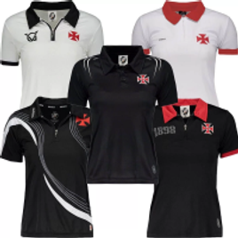 Imagem da oferta Kit 5 Camisas Polo Femininas Baby Look Vasco da Gama Dry Soft Oficial - Preto e Vermelho