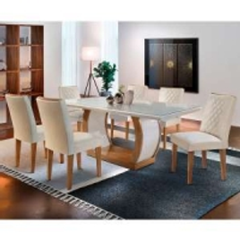 Imagem da oferta Conjunto de Mesa com 6 Cadeiras Jade-Rufato - Veludo Creme / OFF White / Imbuia