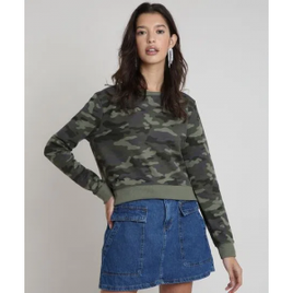Imagem da oferta Blusão Feminino Cropped Estampado Camuflado em Moletom Verde Militar