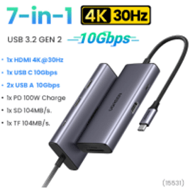 Imagem da oferta HUB USB C 4K60Hz Tipo Para HDMI RJ45 Ethernet PD100W