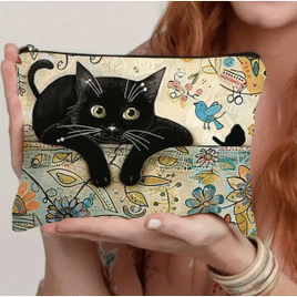 Imagem da oferta Bolsa de Maquiagem com Estampa de Gato Chic - Necessaire Versátil para Cosméticos