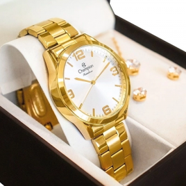 Imagem da oferta Relógio Champion Feminino Dourado Prova D´Agua + Kit de Brincos e Colar