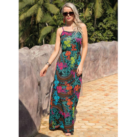 Imagem da oferta Vestido Longo de Alças Estampado com Recortes - Moda Pop