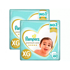 Imagem da oferta Kit Fraldas Pampers Premium Care XG 11 a 15kg - 2 Pacotes com 60 Unidades Cada