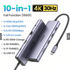 Imagem da oferta Hub UGREEN USB C 10 em 1 Tipoc C Ethernet 4K HDMI VGA PD 3 USB 3.0 Ports 3.5mm SD/TF Cards Reader