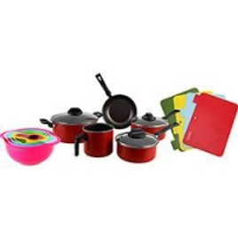 Imagem da oferta Conjunto de Panelas Antiaderente Vermelha 5 peças + Conjunto Bowl e Medidores Colors 8 em 1 + Conjunto 4 tábuas para cortar alimentos - La Cuisine