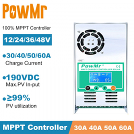 Powmr mppt controlador de carga solar 60a 50a 40a 30a retroiluminação lcd 12v 24v 36 48v regulador solar para max 190v