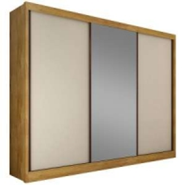 Imagem da oferta Guarda-Roupa Casal 3 Portas com Espelho Diamond - Novo Horizonte - Freijo Dourado / Off White