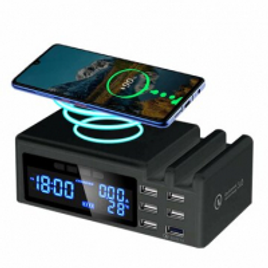 Imagem da oferta Relógio com carregador Fast Charge QC3.0 48W wireless e 6 portas USB