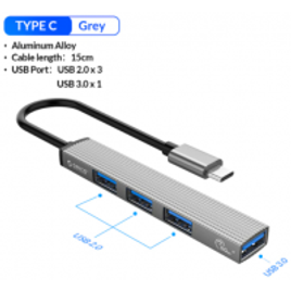 Imagem da oferta HUB USB Ultra Slim 4 Port 3,0 2,0 Aluminio tipo C HUB