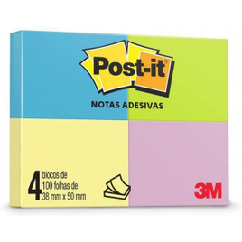 Blocos de Notas Adesivas Post-it Neon 4 cores - 4 Blocos de 38mmx50mm - 100 folhas cada
