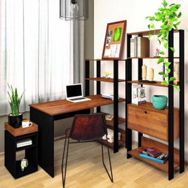 Imagem da oferta Conjunto Home Office Artely 3 Peças - Escrivaninha Match + Estante + Mesa Lateral Pinho e Preto