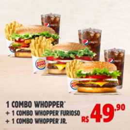 Imagem da oferta Burger King 1 C Whopper + 1 C Whopper Furioso + 1 C Whopper JR