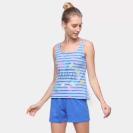 Imagem da oferta Pijama Curto Malwee Estampado Feminino - Azul Claro e Azul