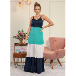 Imagem da oferta Vestido de Alças Tricolor Azul com Recortes Tam P