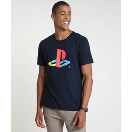 Imagem da oferta Camiseta Masculina Playstation Manga Curta Gola Careca Azul Marinho