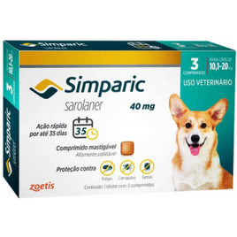 Antipulgas Zoetis Simparic 40mg para Cães de 10,1 a 20 Kg - 3 Comprimidos