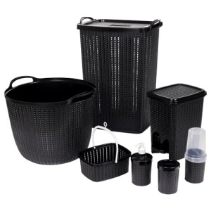 Kit Banheiro e Lavanderia Trama 7 Peças Preto Plasútil