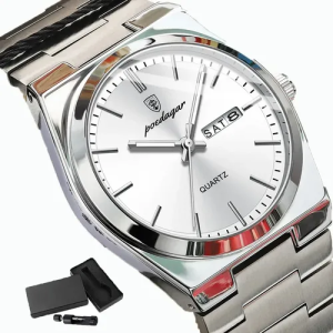 Relogio Masculino Poedagar 930 Luxo Quartzo Inox Com Data Prateado Branco