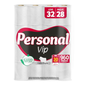 Personal Papel Higiênico VIP Folha Dupla Leve 32 Pague 28 rolos 30M