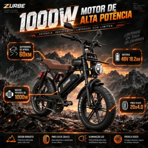 Zurbe Bicicleta Elétrica Bike S20 Pro 1000W 32kmh 60km Autonomia Pneu Slick Aro 20 Bateria Lítio Removível 48V 18.2A