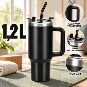 Copo Térmico Caneca Garrafa 1,2L 1200ml Inox Com Alça Tampa Anti-vazamento Canudo Inox Parede Dupla Quente Fria Carro