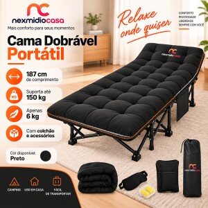 Cama Dobrável Portátil para Camping com Colchão 187cm Suporta até 150kg Oxford 1200D com Bolsa e Acessórios