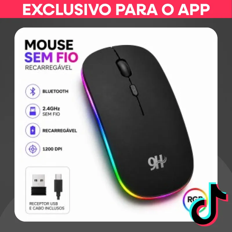 Mouse Sem Fio Recarregável Bluetooth LED RGB 1200 DPI Ultra Fino