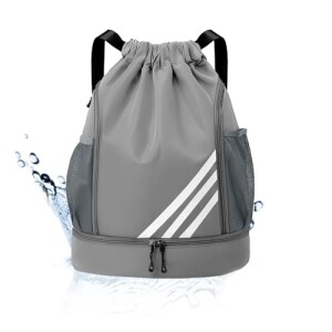 Mochila Esportiva com Cordão, Separação seca e húmida, Mochila de grande capacidade para viagens de lazer, Bolsos Laterais em Malha, Preto com Lis