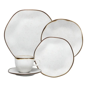 Aparelho De Jantar 30 Peças Ryo Maresia Oxford Porcelana Off White e Marrom