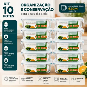 Kit com 10 Pote De Vidro Marmita Hermético 640ml