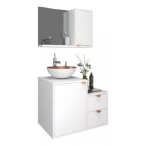 Kit Gabinete Banheiro Cuba+ Armário+espelheira C Puxador Móvel Branco Com Cobre