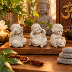 Trio De Budas Não Falo Não Ouço Não Vejo Escultura Resina 8cm Estatueta Decorativa
