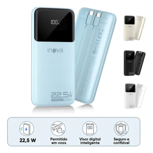 Carregador Portátil Inova Power Bank 10000mAh para iPhone e Samsung Com Carregamento Rápido de 22.5W