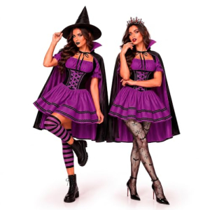 Fantasia Feminina Adulta Halloween Vestido Vampira ou Bruxa Gótica Com Capa de Luxo Gola Estruturada