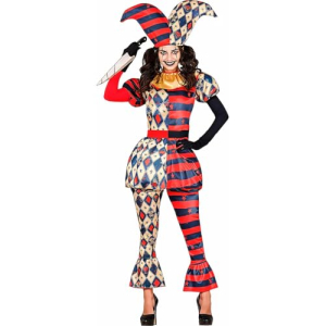 Fantasia Halloween Adulta Feminina Roupa de Palhaça Boba da Corte Completa Camisa Calça Chapéu (Creme