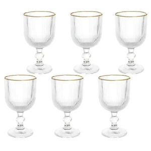 Jogo 6 Taças Versalhes Gold Vidro Canelado Borda Dourada 260ml - Click House