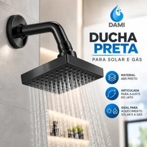 Ducha Chuveiro Dami Quadrada Articulada Preta fosca ABS Para Aquecedor Solar E A Gás Entrada 12
