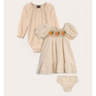 Imagem da oferta Kit Vestido Com Calcinha + Body Manga Longa Bebê Menina Bordado 3 Peças - Bege
